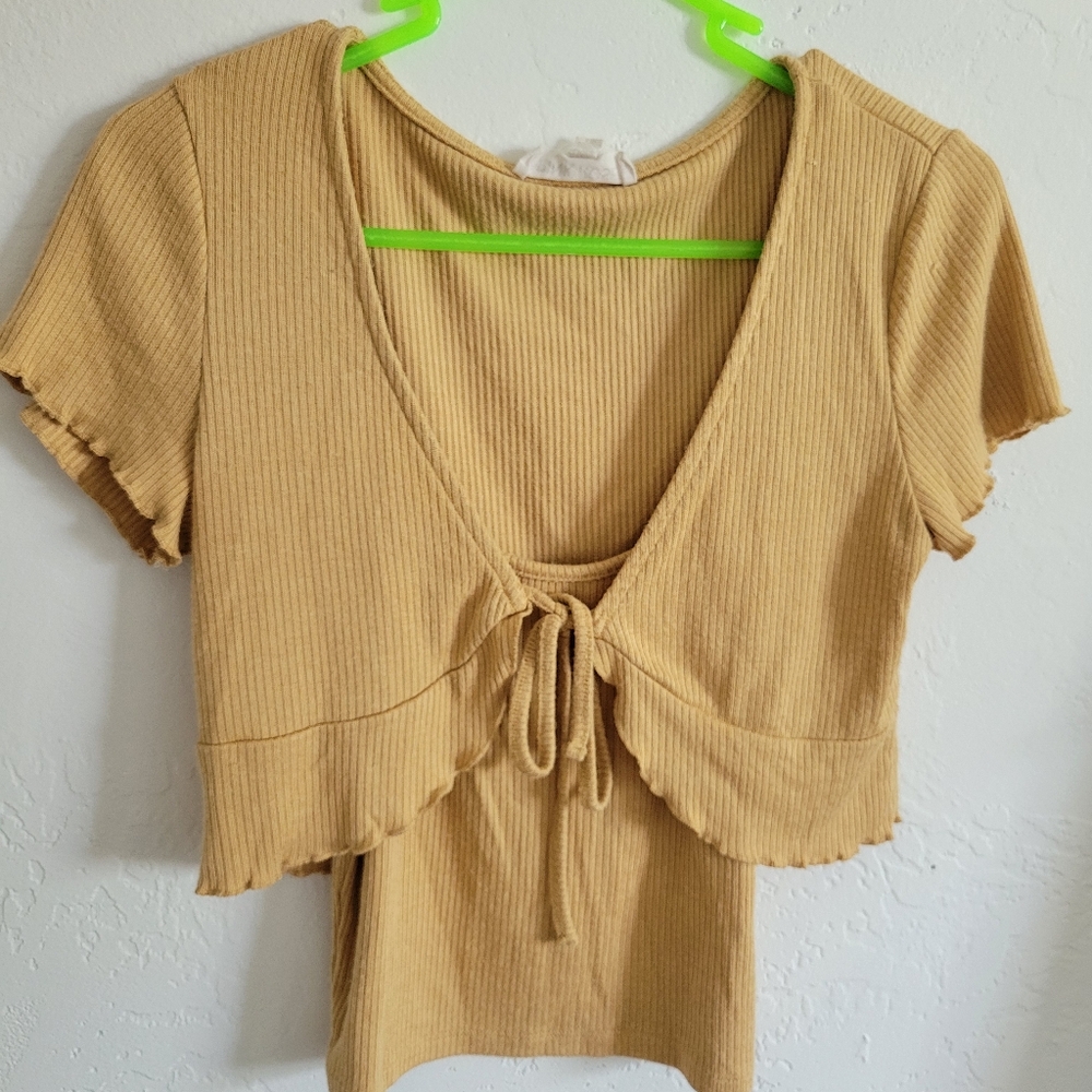 Women's Tan Ribbed 2-Piece Tie-Front Top